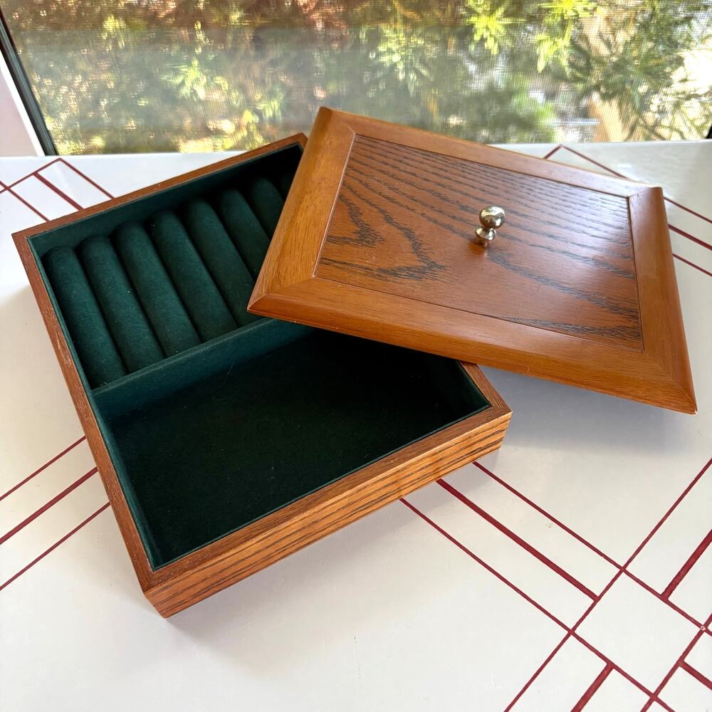 Vintage Wood Jewelry Box Green Velvet Ring Display Keepsake Box
